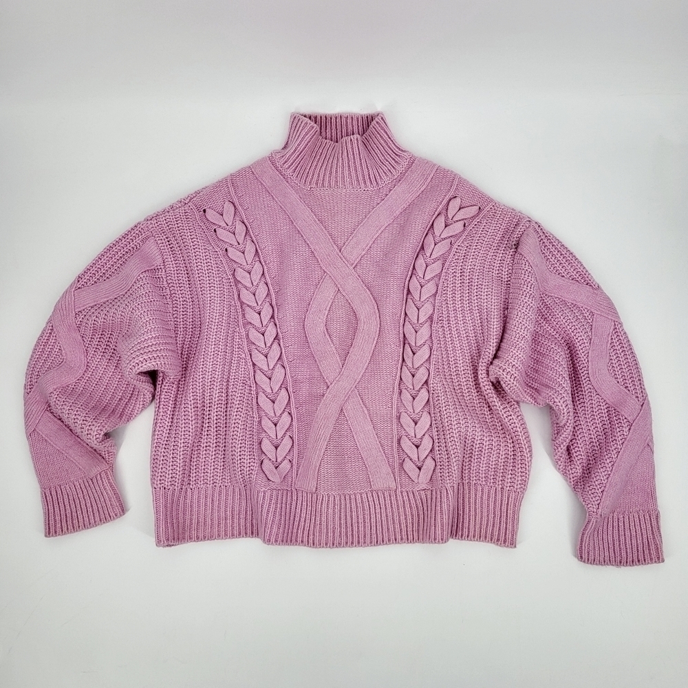 Elizabeth & James Cable Knit Turtleneck Sweater Boxy Fit Pink Size Large
